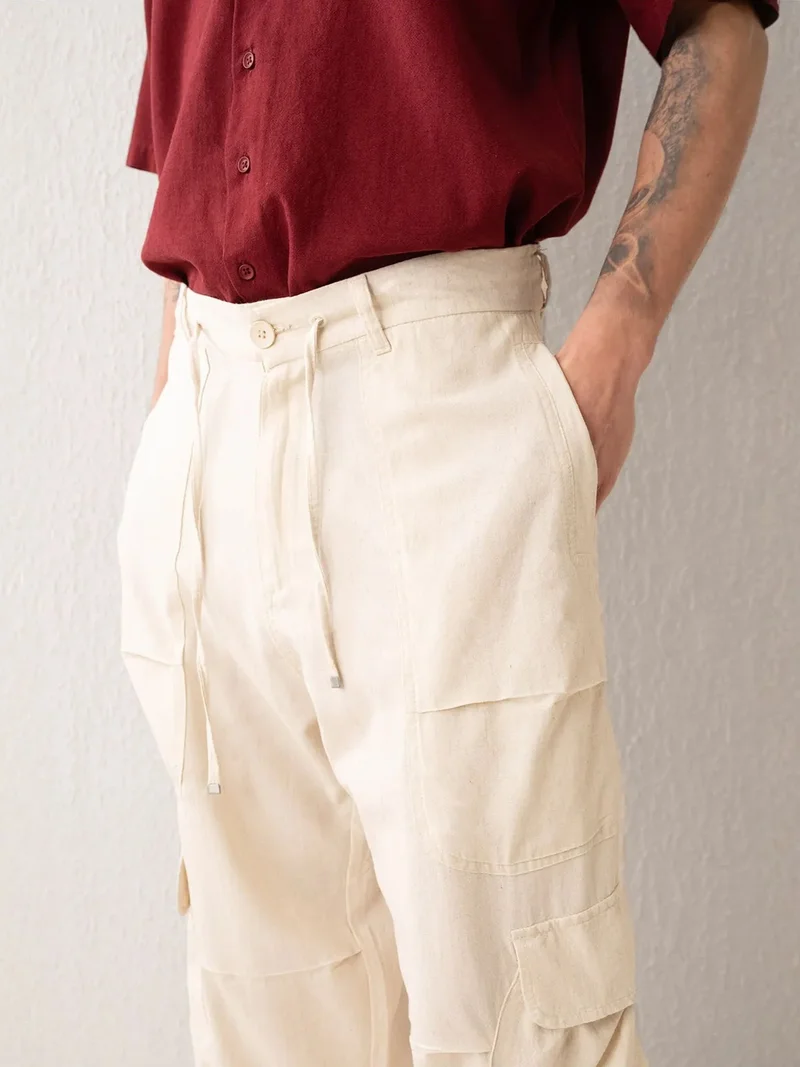 Giesto Beige Natural GIESTO Baggy Wide Leg Cargo Pants for Men | Best Price UAE